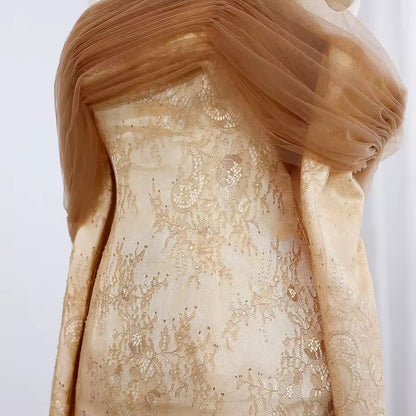 Draped Tulle & Lace Gown with Sheer Flow Cape