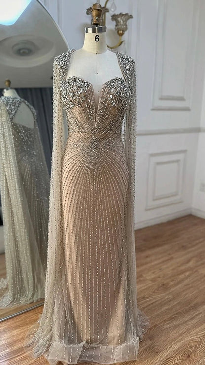 Silver Nude Cape Sleeves Beaded Evening Dress