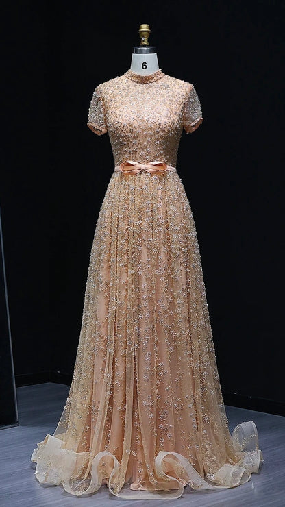 Elegant Embroidered Peach Evening Gown with Bow Luxury Beaded Dress