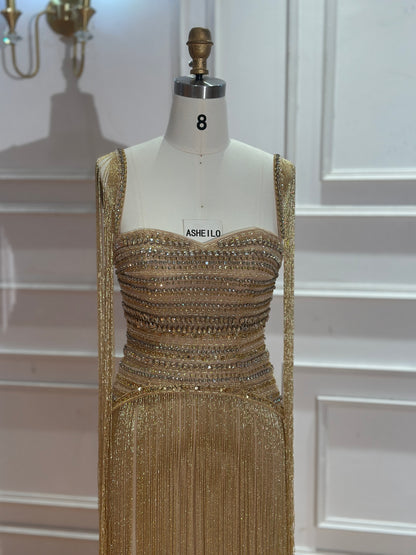 Gold Crystal Fringe Gown