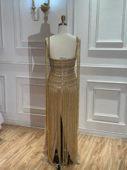 Gold Crystal Fringe Gown