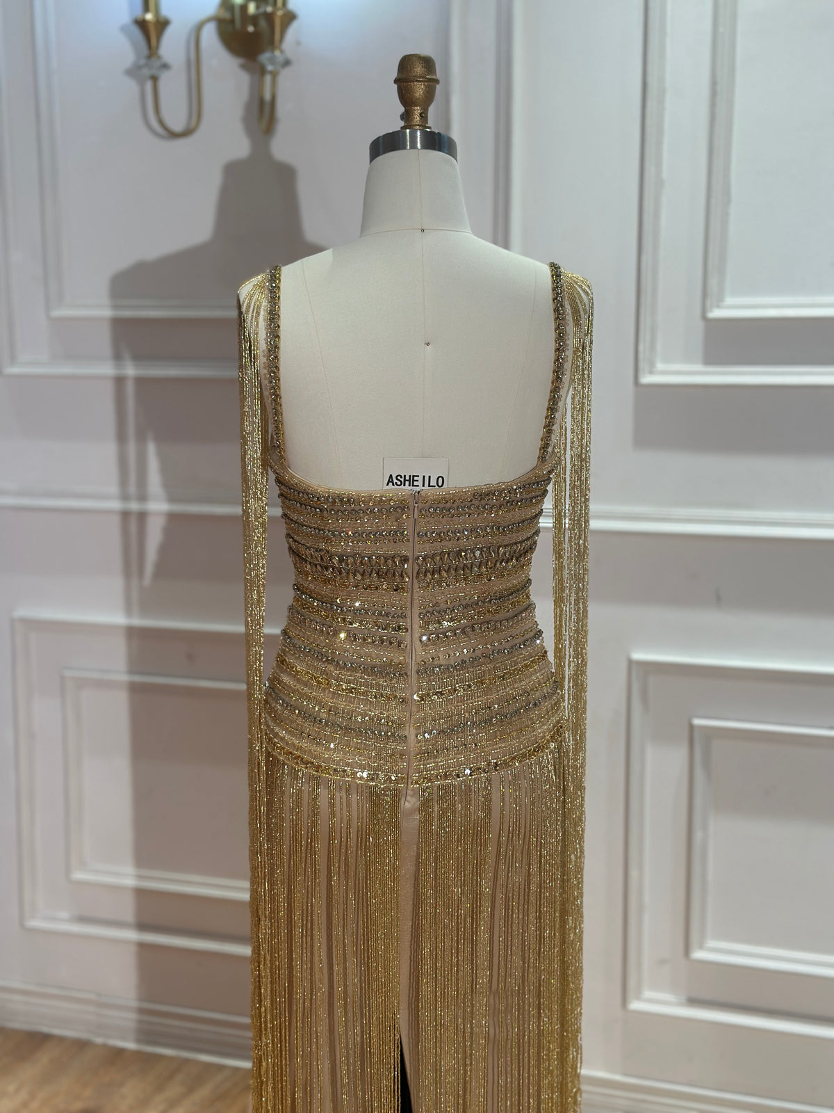 Gold Crystal Fringe Gown