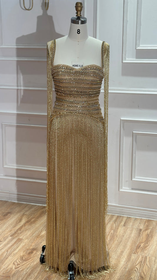 Gold Crystal Fringe Gown