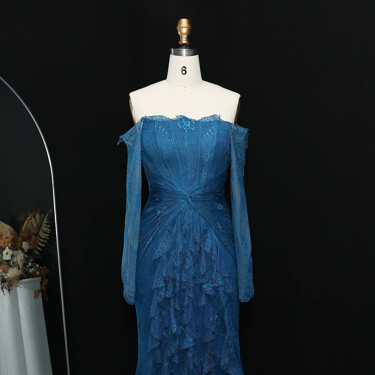 Lace Off Shoulder Evening Dress with Long Sleeves