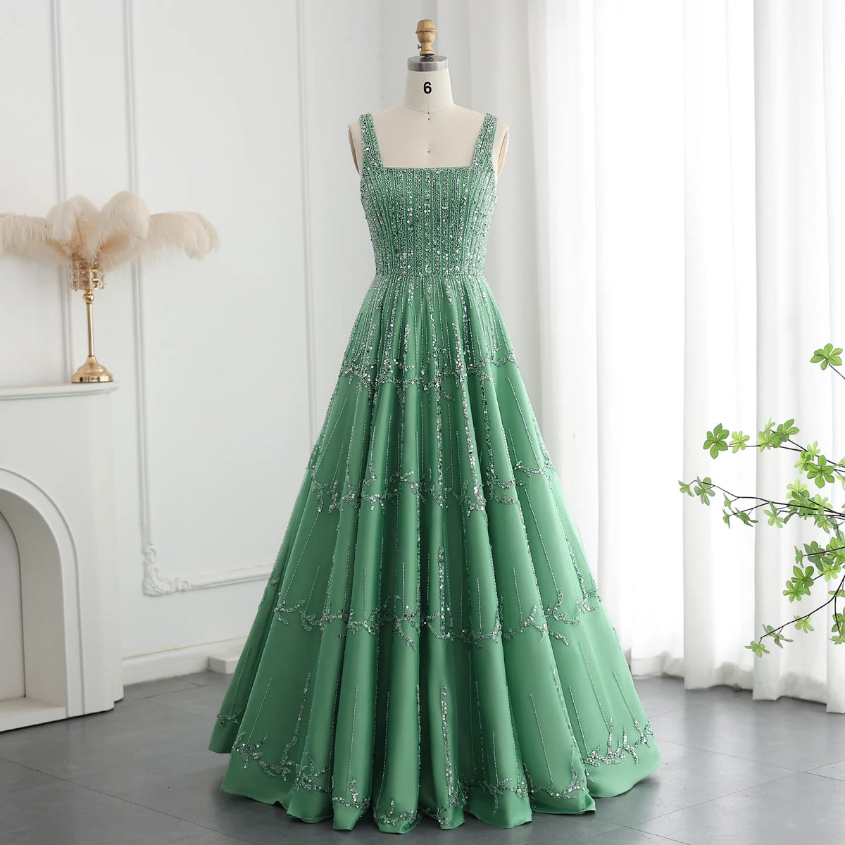 Luxury Dubai Beaded Green Evening Dress for Women Wedding Straps /Sqaure Engagement Party Dresses