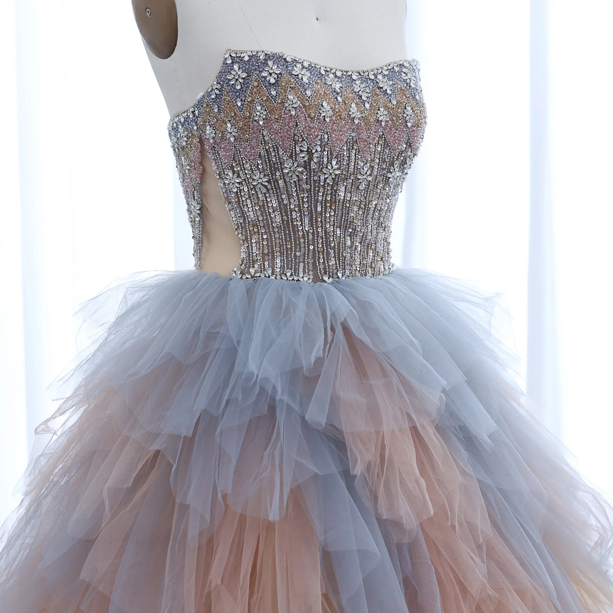 Rose Gold Blue Ruffles Princess Ball Gown Evening Dress