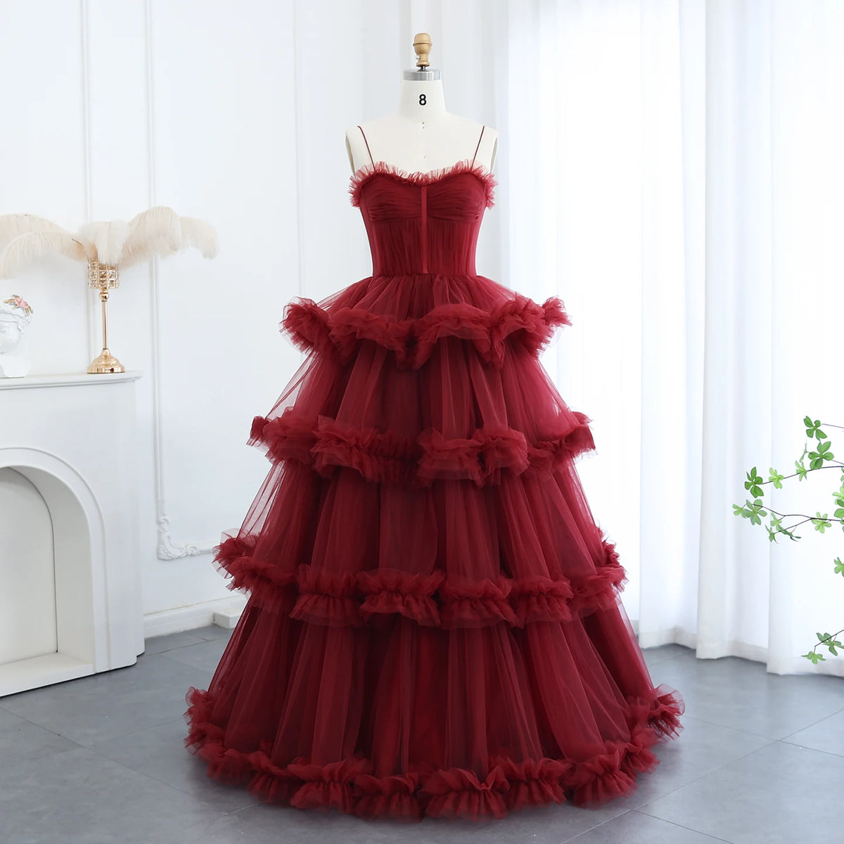 Burgundy Tulle Tiered Ruffles Evening Dress with Gloves