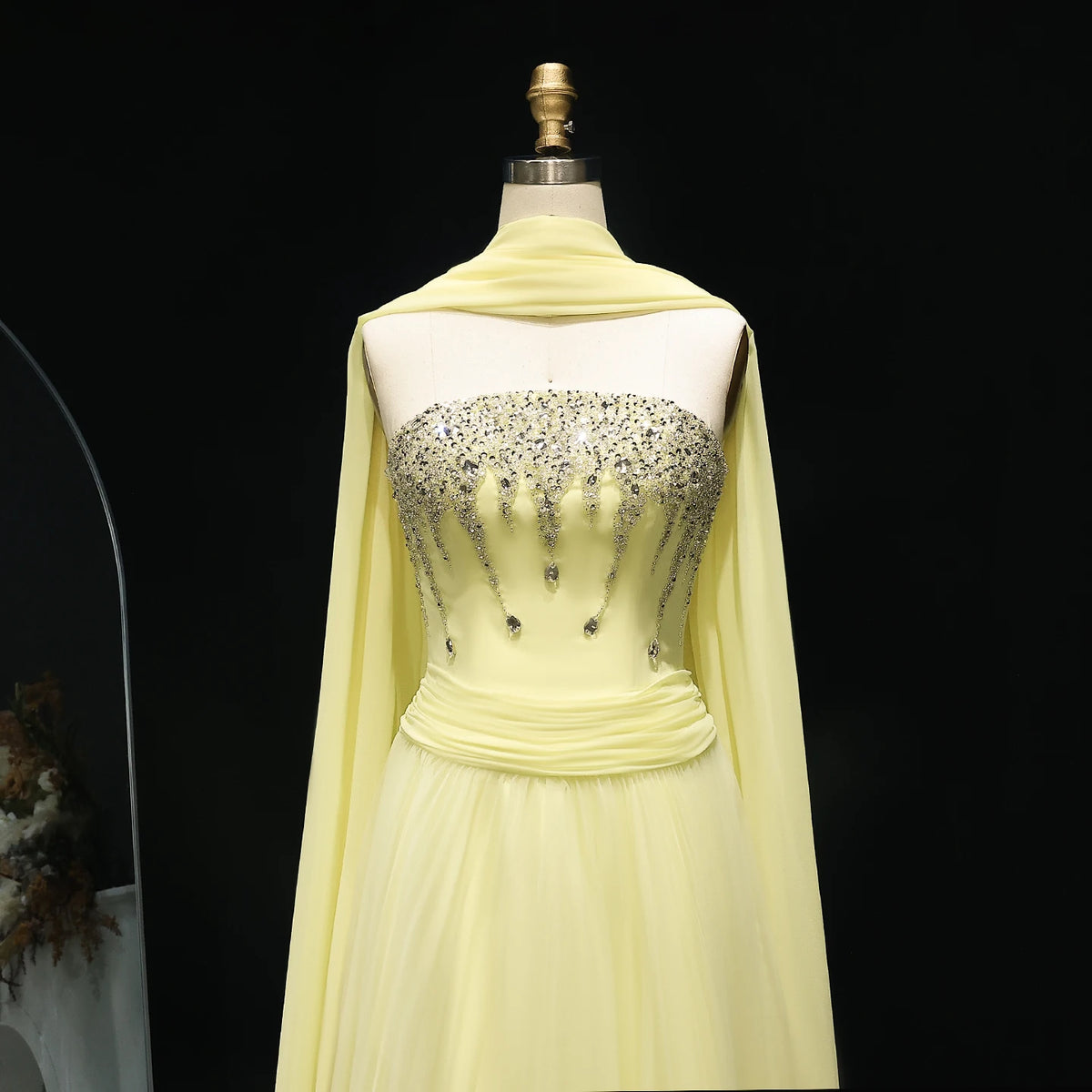 Elegant Strapless Yellow Evening Dress with Cape Luxury Crystal