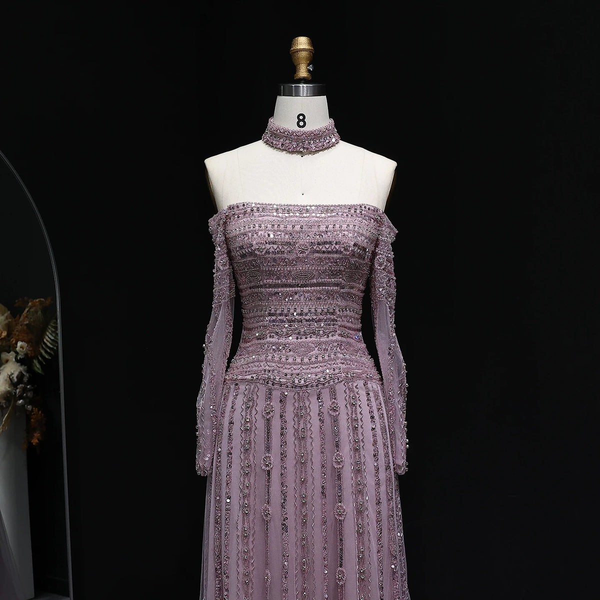Heavy Beaded Elegant Off Shoulder Evening Dress with Choker Long Sleeves