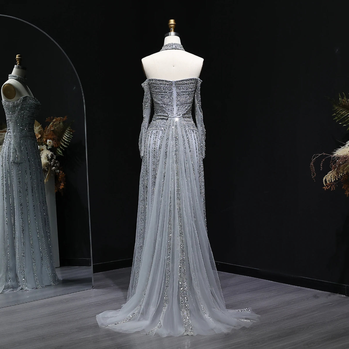 Heavy Beaded Elegant Off Shoulder Evening Dress with Choker Long Sleeves