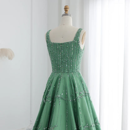Luxury Dubai Beaded Green Evening Dress for Women Wedding Straps /Sqaure Engagement Party Dresses
