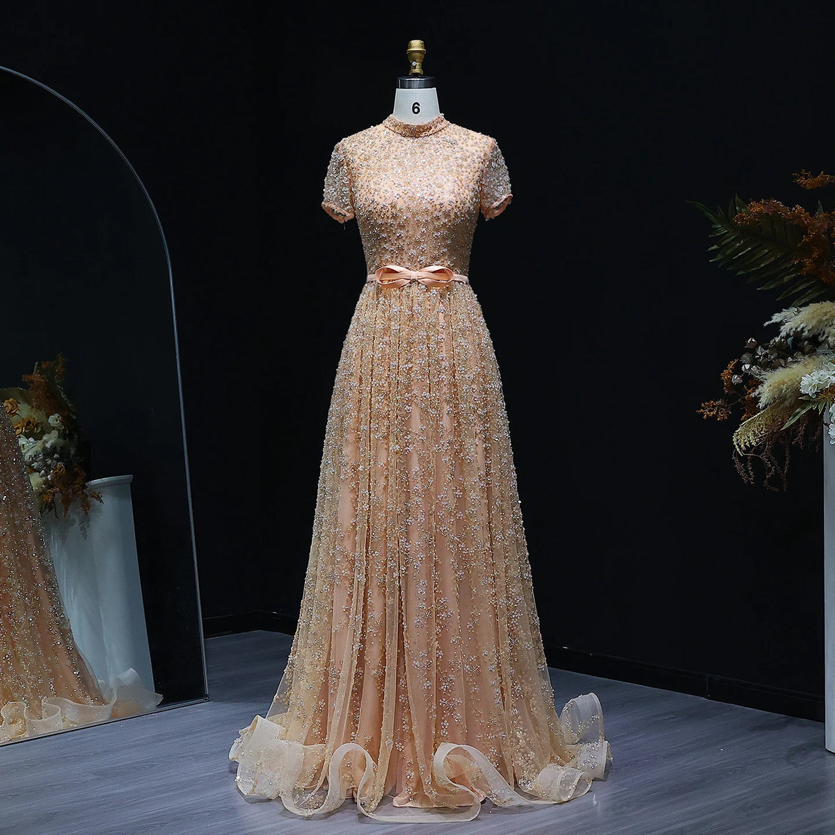 Elegant Embroidered Peach Evening Gown with Bow Luxury Beaded Dress