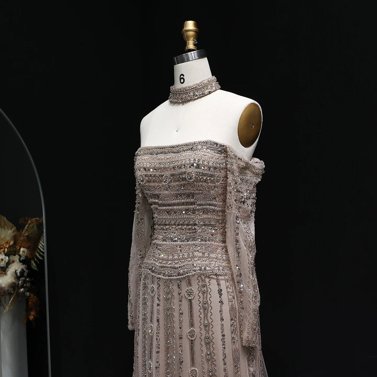 Heavy Beaded Elegant Off Shoulder Evening Dress with Choker Long Sleeves
