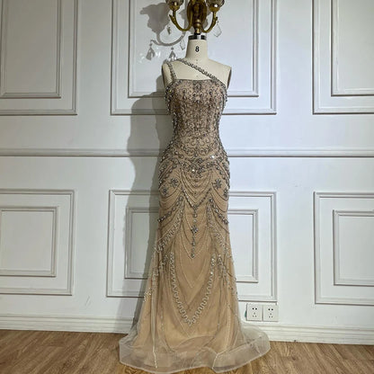 Elegant Nude One Shoulder Beaded Evening Dresses Gowns for Formal Occasion 2024   Customized