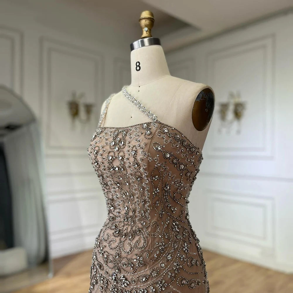Elegant Nude One Shoulder Beaded Evening Dresses Gowns for Formal Occasion 2024   Customized