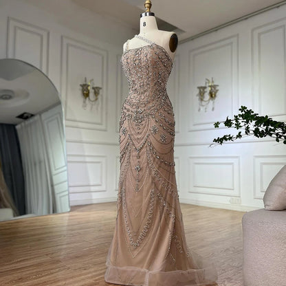Elegant Nude One Shoulder Beaded Evening Dresses Gowns for Formal Occasion 2024   Customized