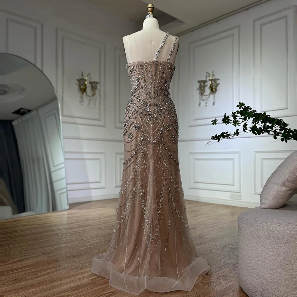 Elegant Nude One Shoulder Beaded Evening Dresses Gowns for Formal Occasion 2024   Customized