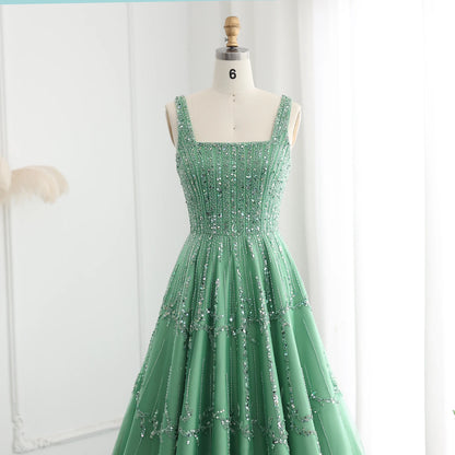 Luxury Dubai Beaded Green Evening Dress for Women Wedding Straps /Sqaure Engagement Party Dresses