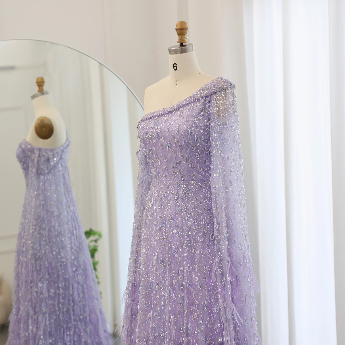 Luxury Feather One Shoulder Evening Dress with Cape Sleeve