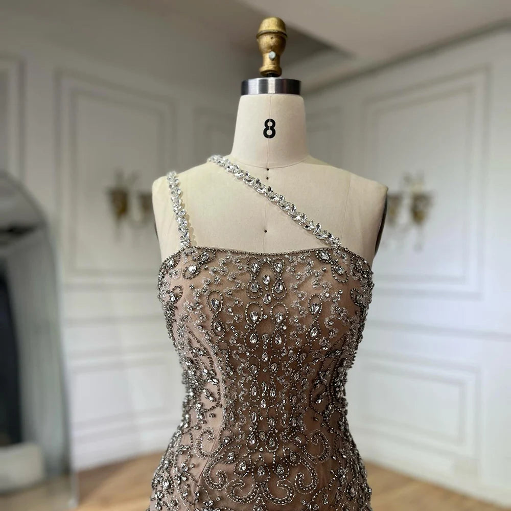 Elegant Nude One Shoulder Beaded Evening Dresses Gowns for Formal Occasion 2024   Customized