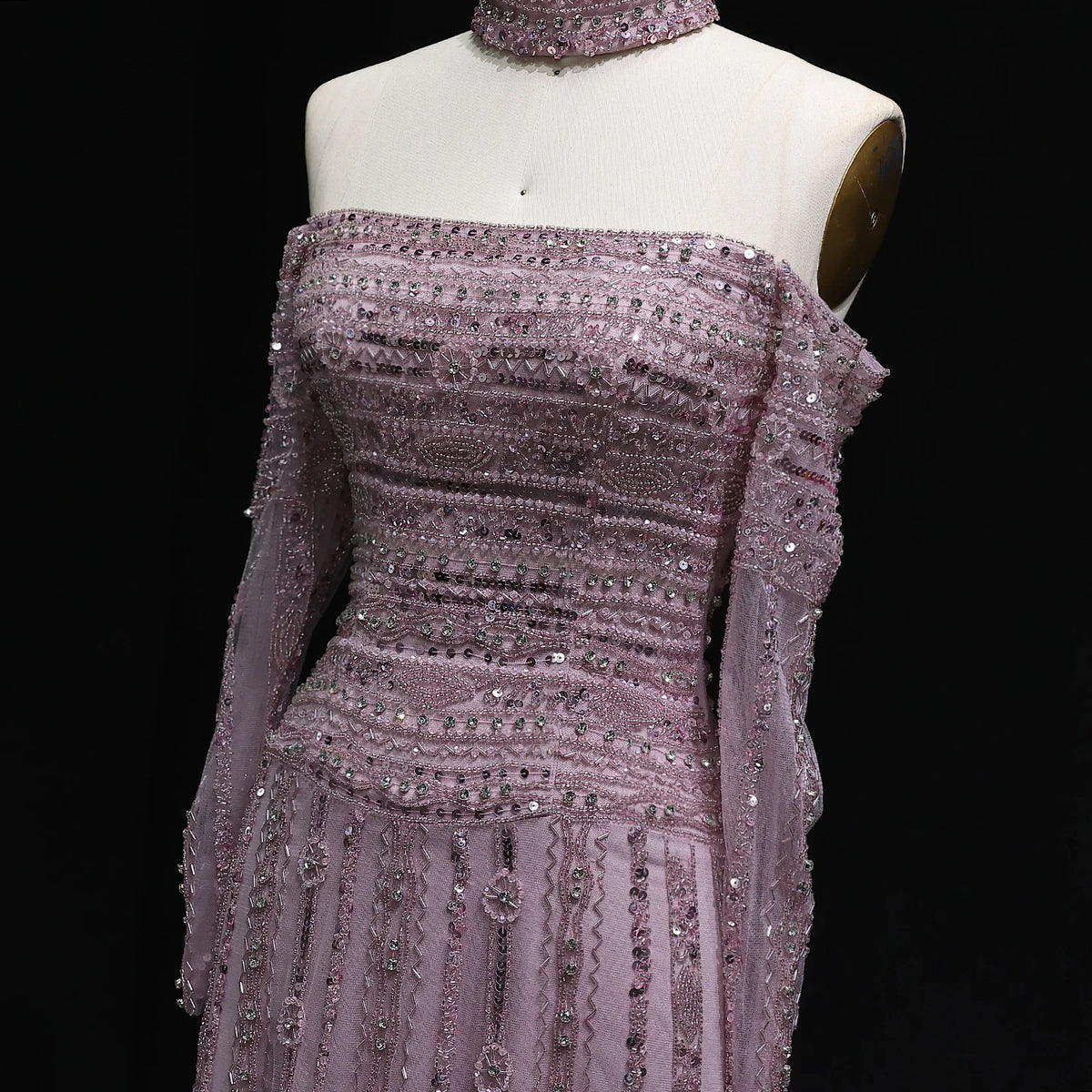 Heavy Beaded Elegant Off Shoulder Evening Dress with Choker Long Sleeves