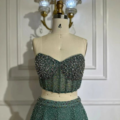 Turquoise Emerald Two-Piece Beaded Gown – Strapless Formal Evening Set