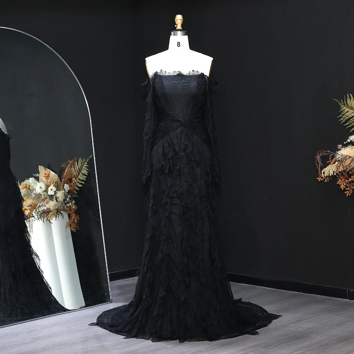 Lace Off Shoulder Evening Dress with Long Sleeves