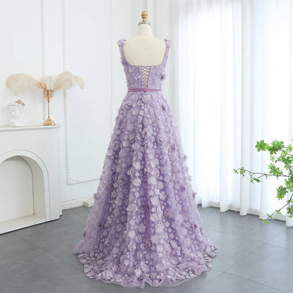 Chic Lilac 3D Embroidered Flowers Evening Dress