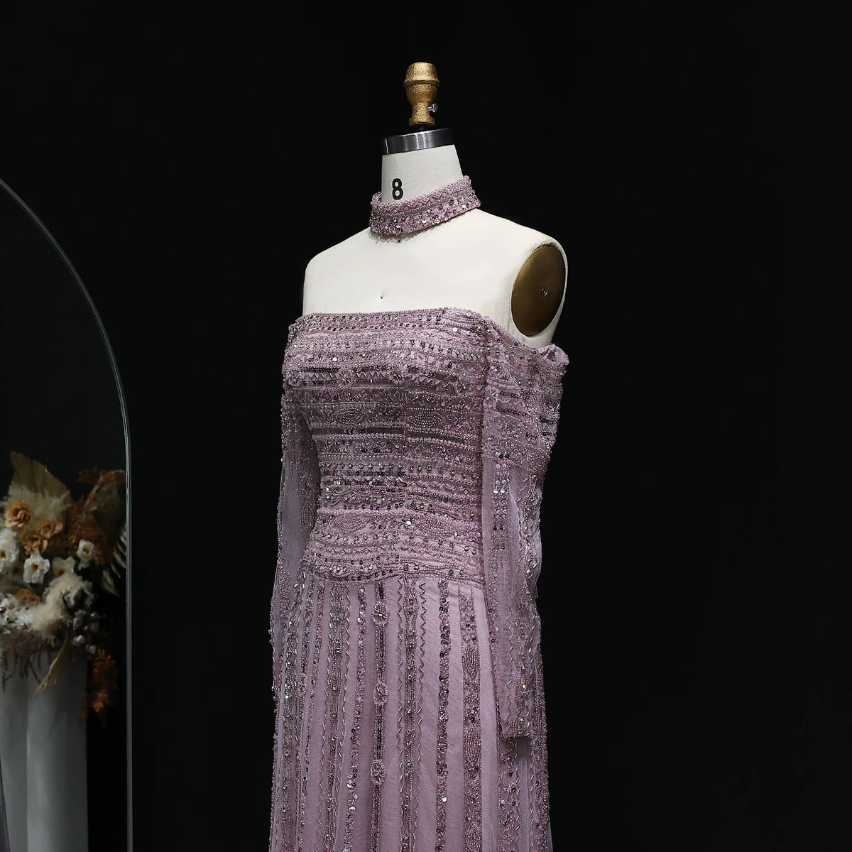 Heavy Beaded Elegant Off Shoulder Evening Dress with Choker Long Sleeves