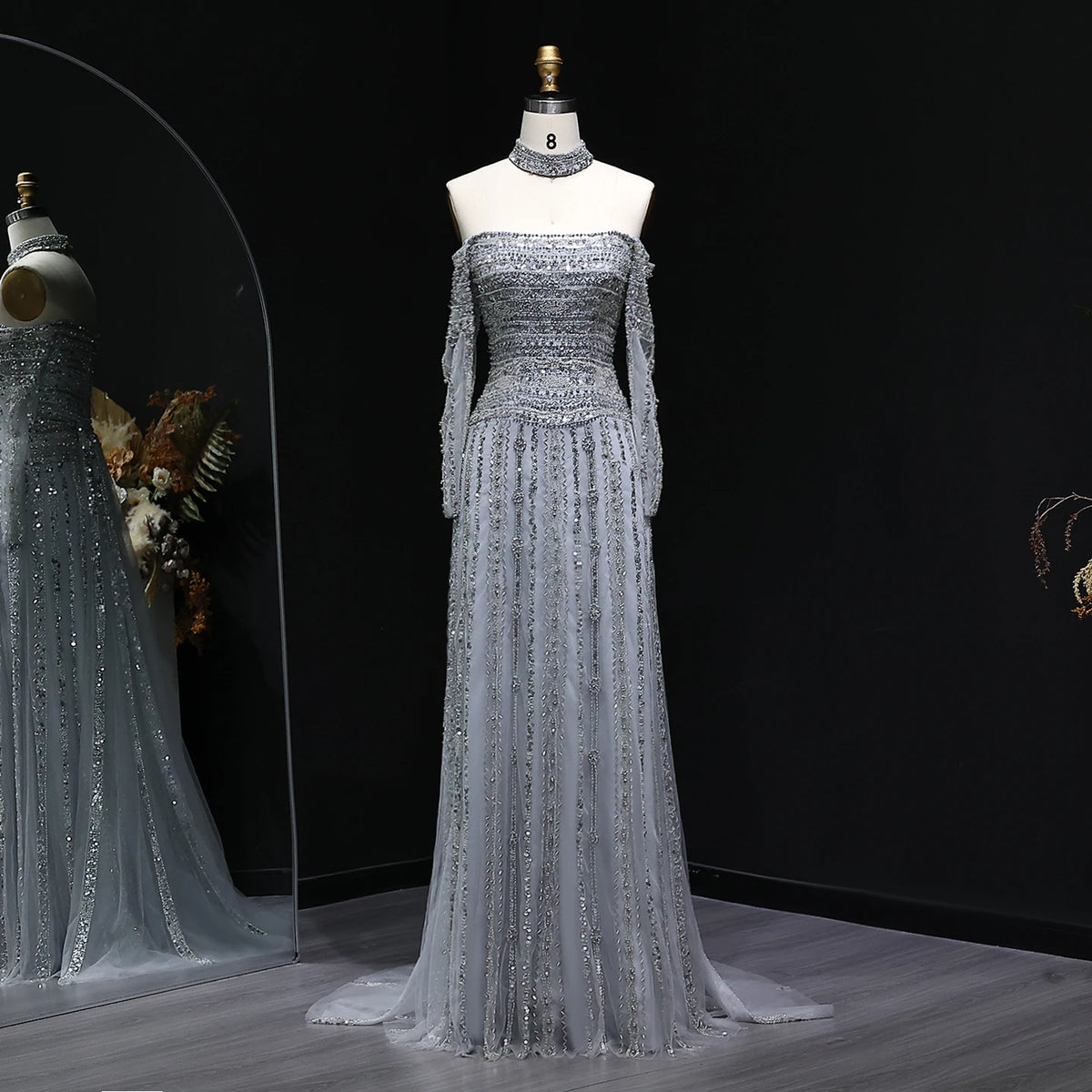 Heavy Beaded Elegant Off Shoulder Evening Dress with Choker Long Sleeves