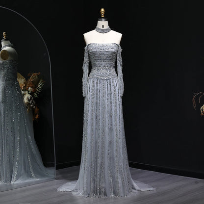 Heavy Beaded Elegant Off Shoulder Evening Dress with Choker Long Sleeves