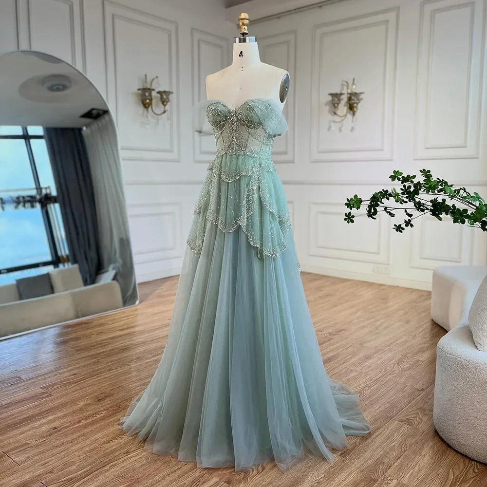 A-Line Elegant Spaghetti Strap Luxury Beaded Evening Dress