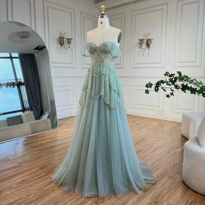 A-Line Elegant Spaghetti Strap Luxury Beaded Evening Dress