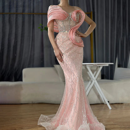 Pink Mermaid Sleeveless Beaded Evening Dress