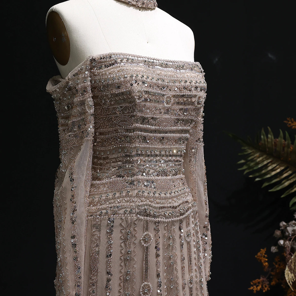 Heavy Beaded Elegant Off Shoulder Evening Dress with Choker Long Sleeves