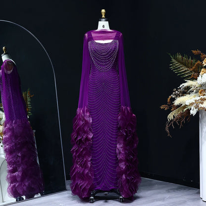 Luxury Beading Purple Evening Dress with Cape Sleeves