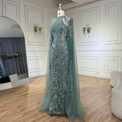 Turquoise Cape Sleeves Mermaid Beaded Luxury Evening Dress