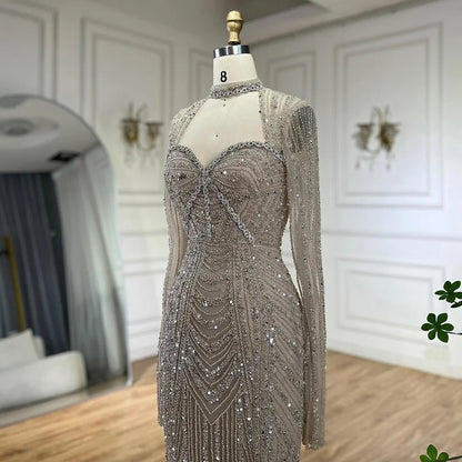 Luxury Nude Beaded Evening Gowns with Back Split