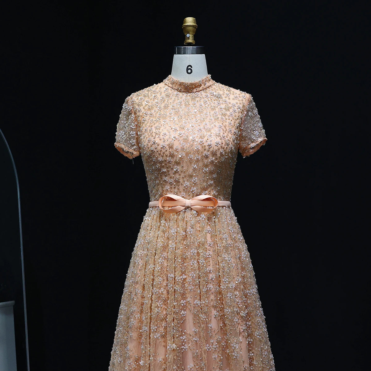 Elegant Embroidered Peach Evening Gown with Bow Luxury Beaded Dress