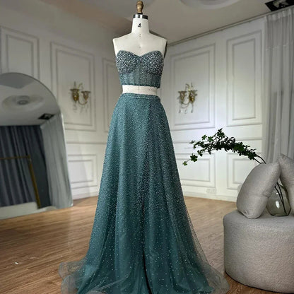 Turquoise Emerald Two-Piece Beaded Gown – Strapless Formal Evening Set
