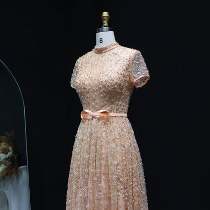 Elegant Embroidered Peach Evening Gown with Bow Luxury Beaded Dress