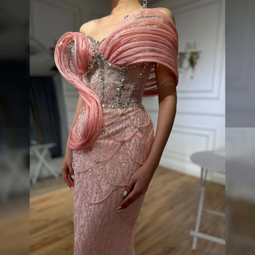 Pink Mermaid Sleeveless Beaded Evening Dress