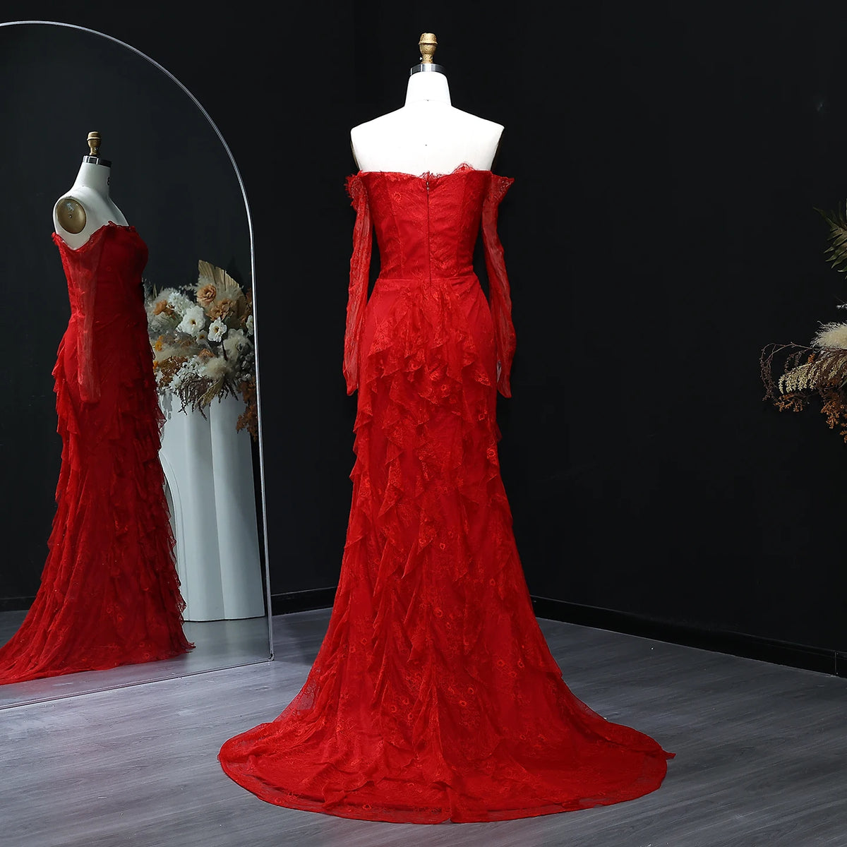 Lace Off Shoulder Evening Dress with Long Sleeves