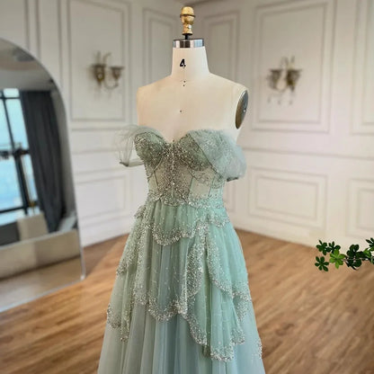 A-Line Elegant Spaghetti Strap Luxury Beaded Evening Dress