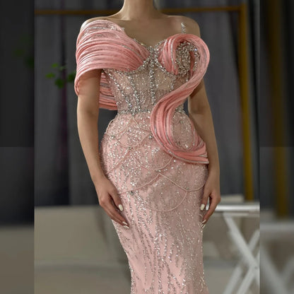 Pink Mermaid Sleeveless Beaded Evening Dress