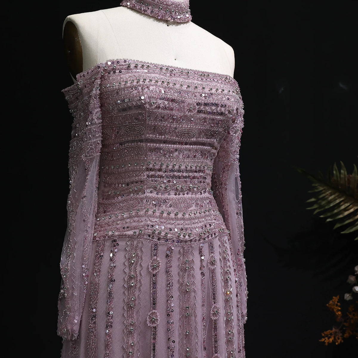 Heavy Beaded Elegant Off Shoulder Evening Dress with Choker Long Sleeves