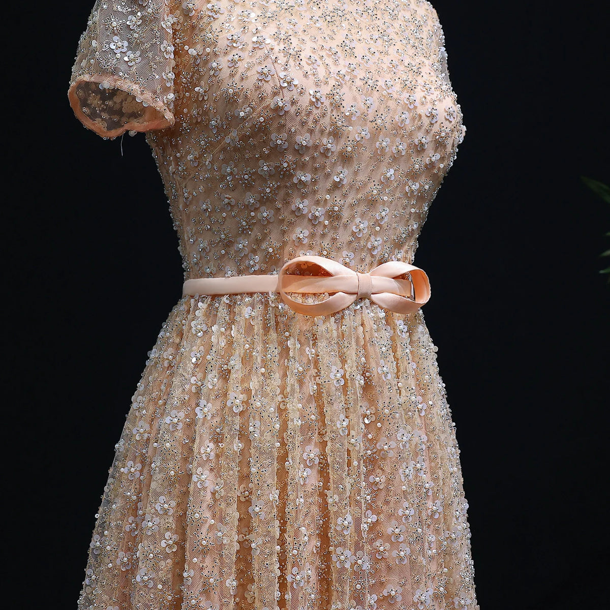 Elegant Embroidered Peach Evening Gown with Bow Luxury Beaded Dress