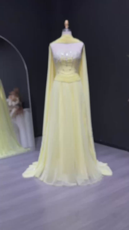 Elegant Strapless Yellow Evening Dress with Cape Luxury Crystal