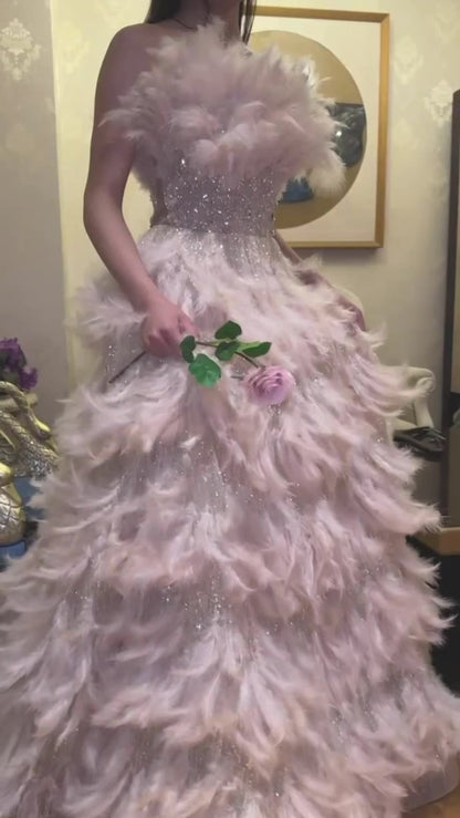Luxury Feathers Princess Cream Evening Dress