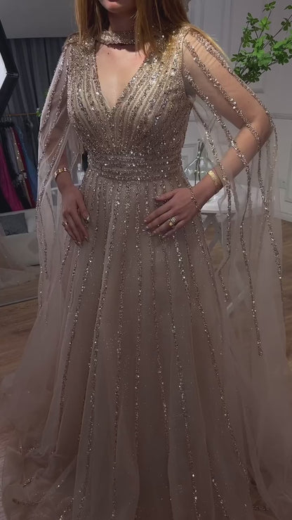Elegant Cape Sleeves Beaded Evening Dress
